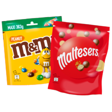 M&M’s maxi zak à 309/363 gram
of Maltesers zak à 273 gram